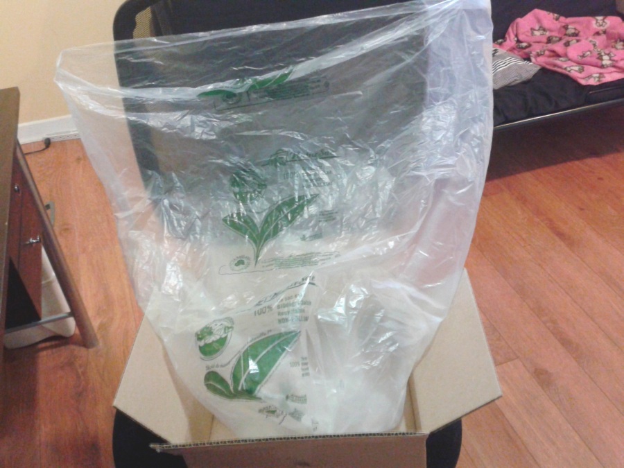 Les items étaient dans ce grand sac en plastique biodégradable, de la même grandeur que ceux que j'utilise pour garder mes matières organiques au congélateur. Je l'ai donc réutilisé à cet effet!